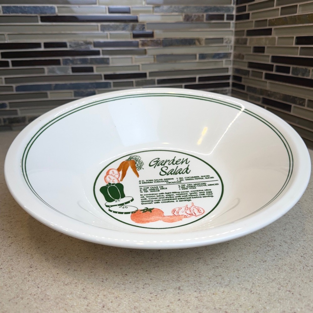 VTG 1980s Ceramic Garden Salad Recipe Serving Bowl White Green Trim 11" Retro